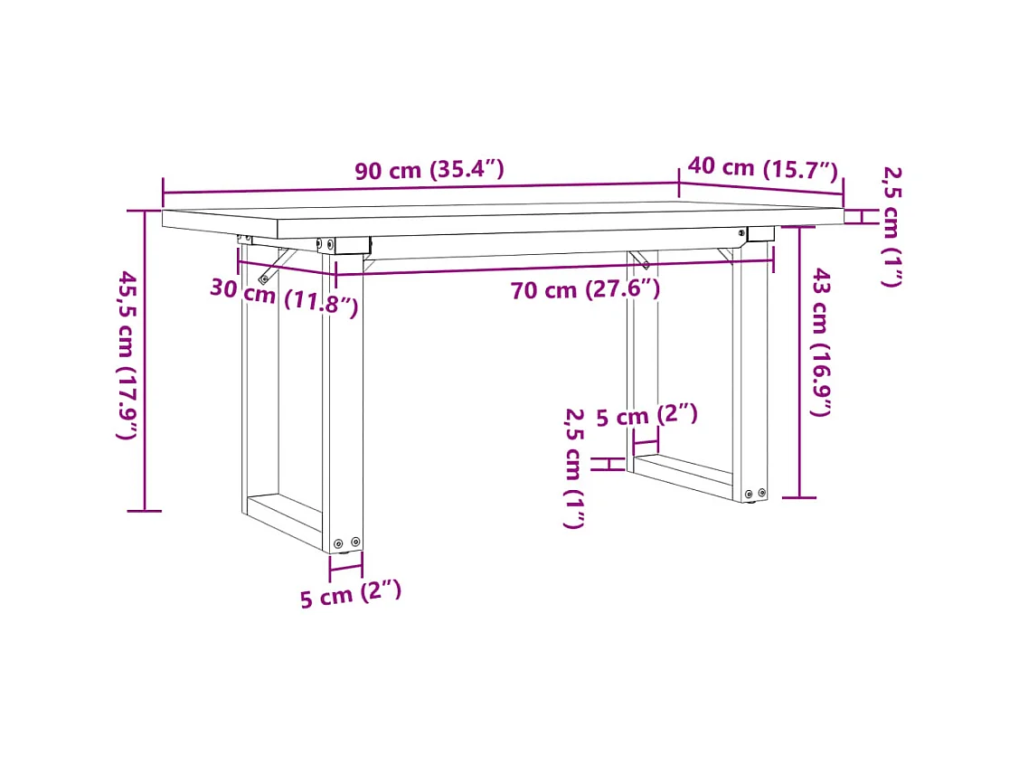 Table basse cadre en O 90x40x45,5cm bois de pin massif et acier