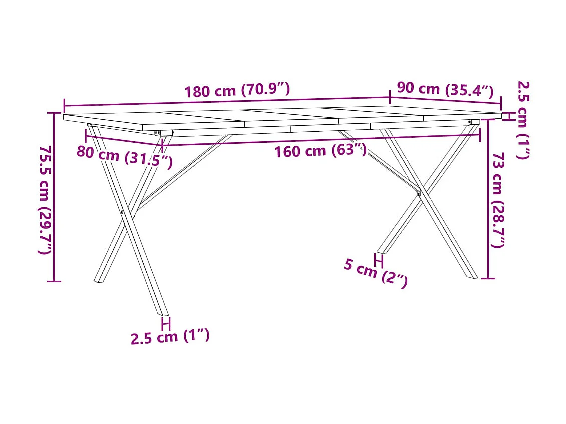 Table à manger cadre en X 180x90x75,5 cm bois pin massif acier