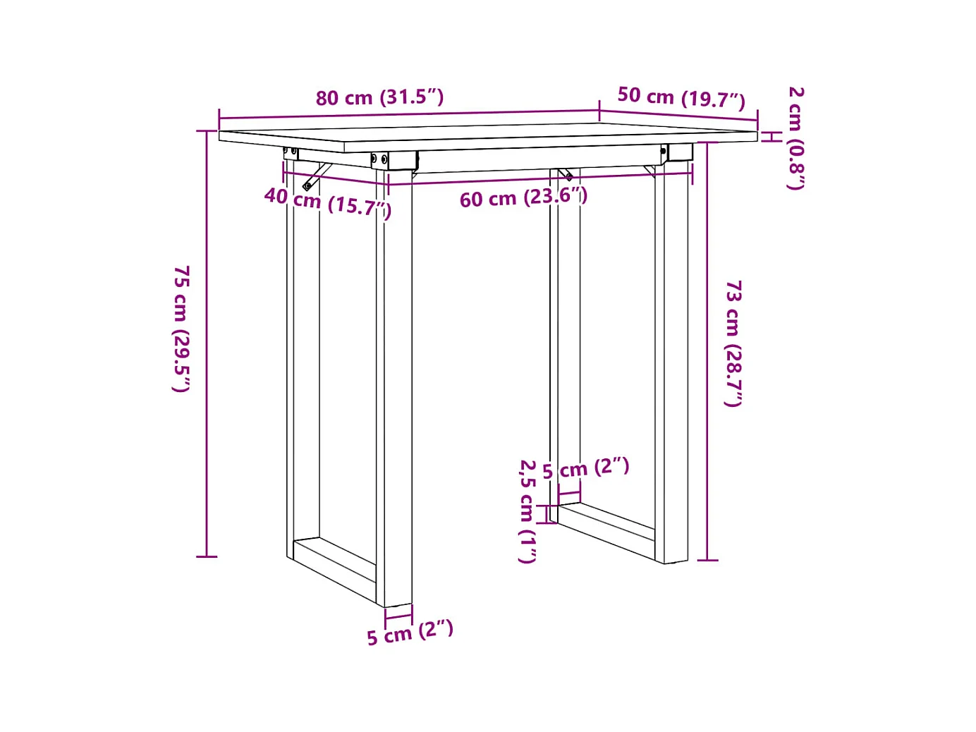 Table à manger cadre en O 80x50x75 cm bois de pin massif acier