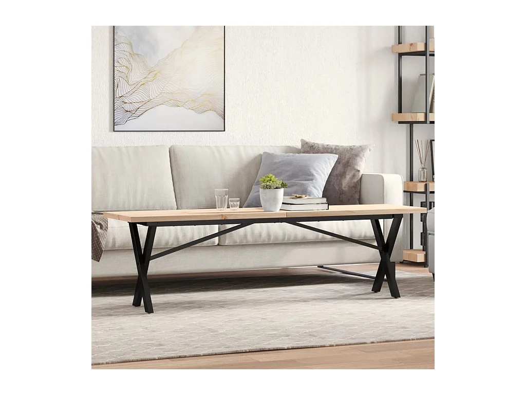 Table basse cadre en X 160x40x45,5 cm bois de pin massif acier