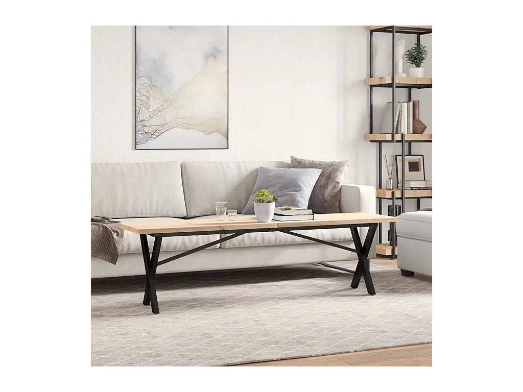 Table basse cadre en X 160x40x45,5 cm bois de pin massif acier