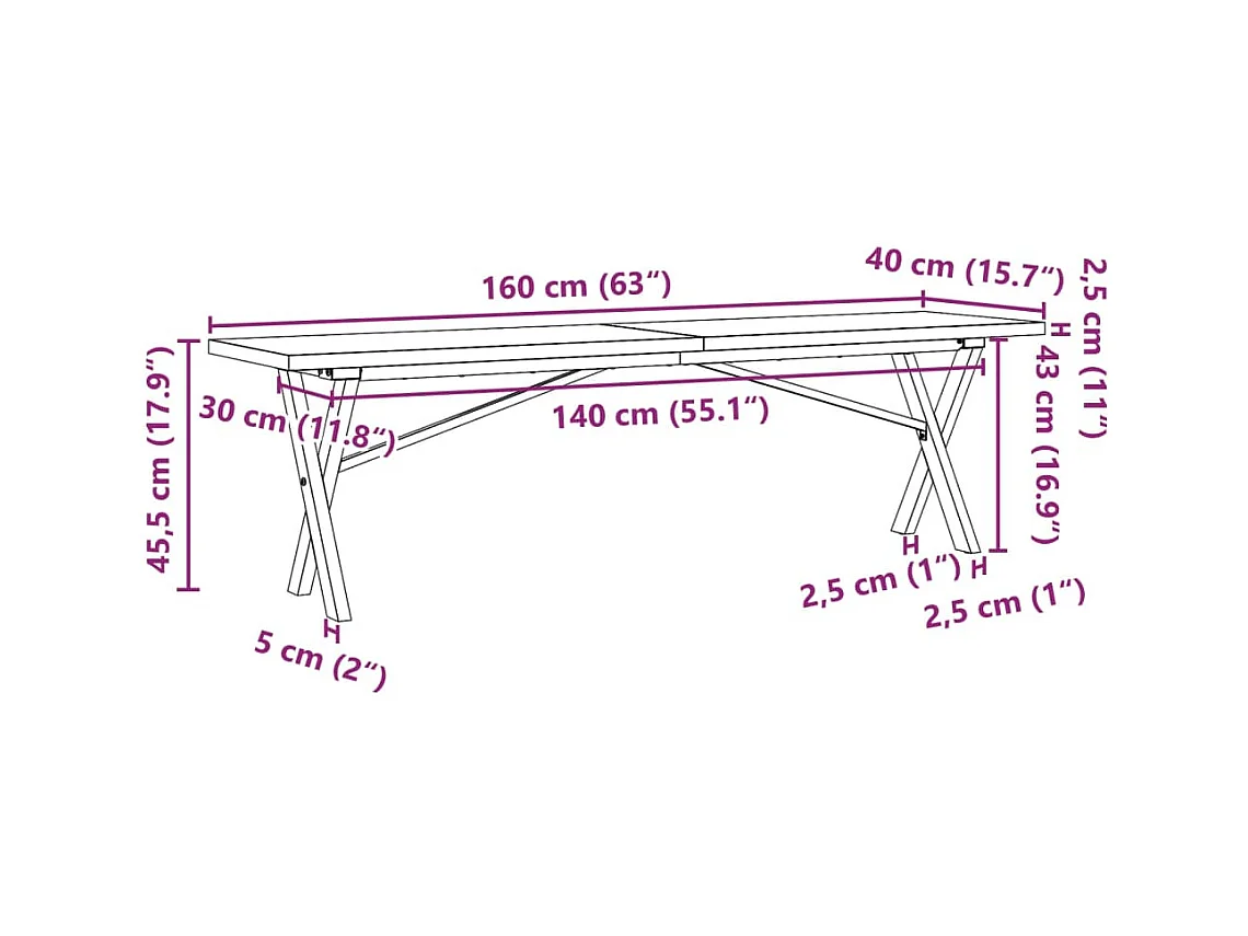 Table basse cadre en X 160x40x45,5 cm bois de pin massif acier