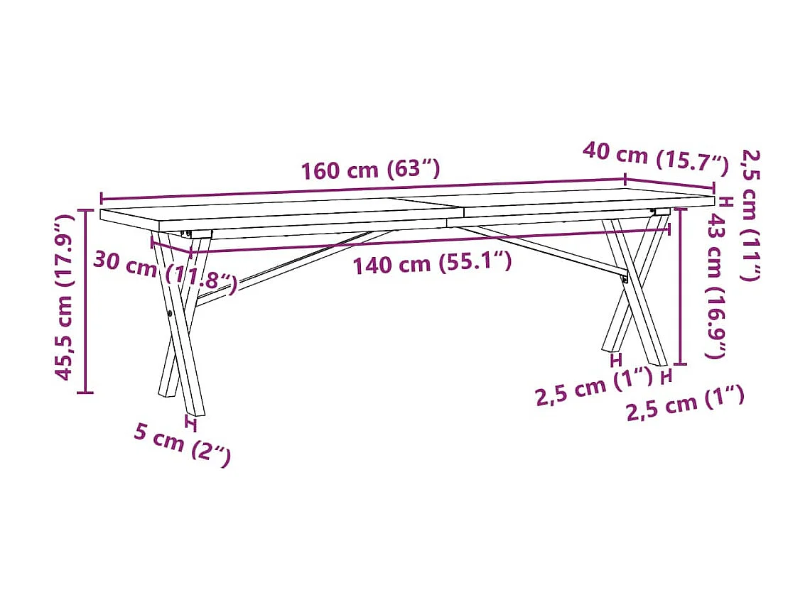 Mesa de centro estructura en X 160x40x45,5 cm madera maciza de pino acero