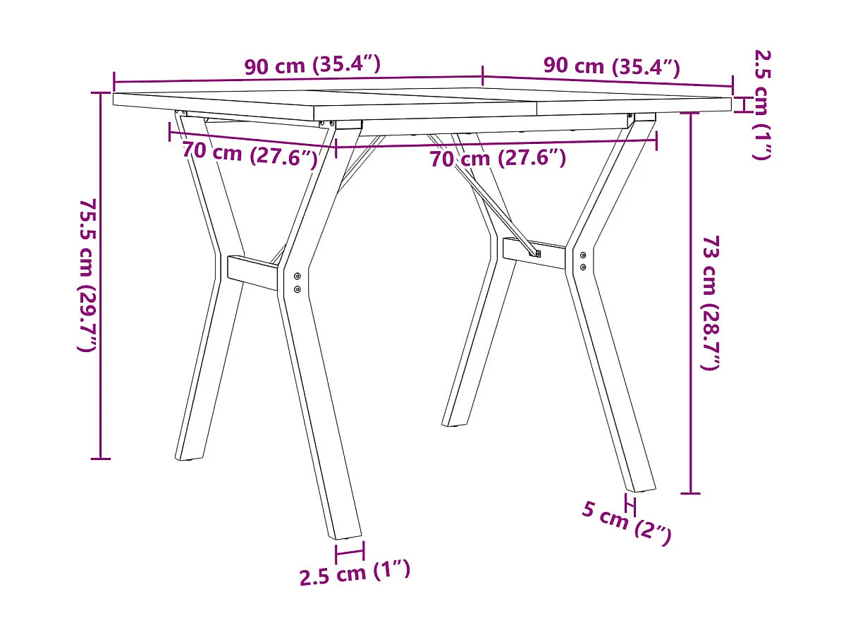 Table à manger cadre en Y 90x90x75,5cm bois de pin massif acier