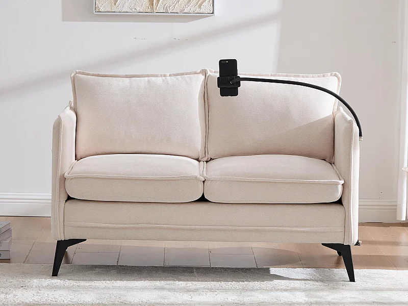 Canapé 2 places en tissu chenille beige – support téléphone – port USB et poches latérales  – Idéal pour salon, bureau ou chambre