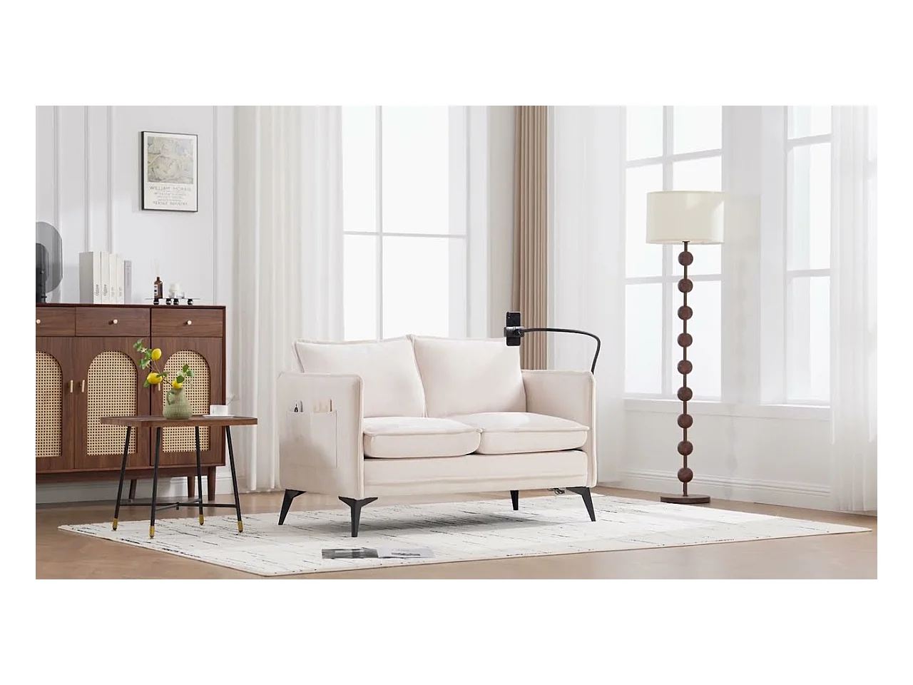 Canapé 2 places en tissu chenille beige – support téléphone – port USB et poches latérales  – Idéal pour salon, bureau ou chambre