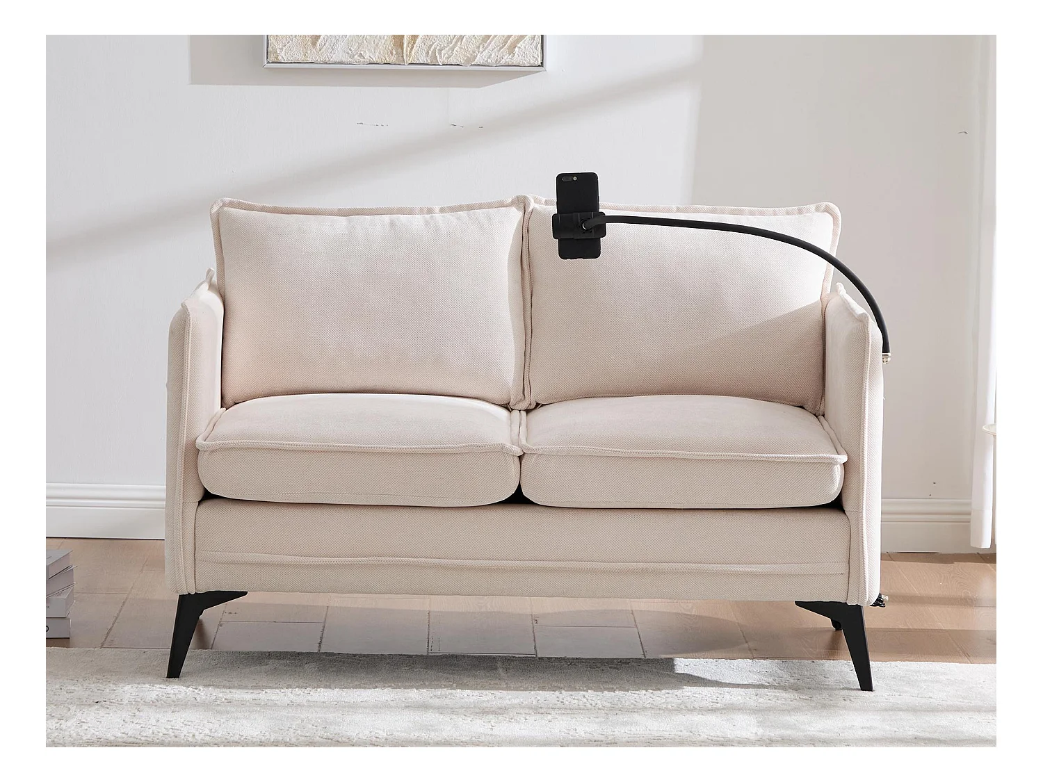 Canapé 2 places en tissu chenille beige – support téléphone – port USB et poches latérales  – Idéal pour salon, bureau ou chambre