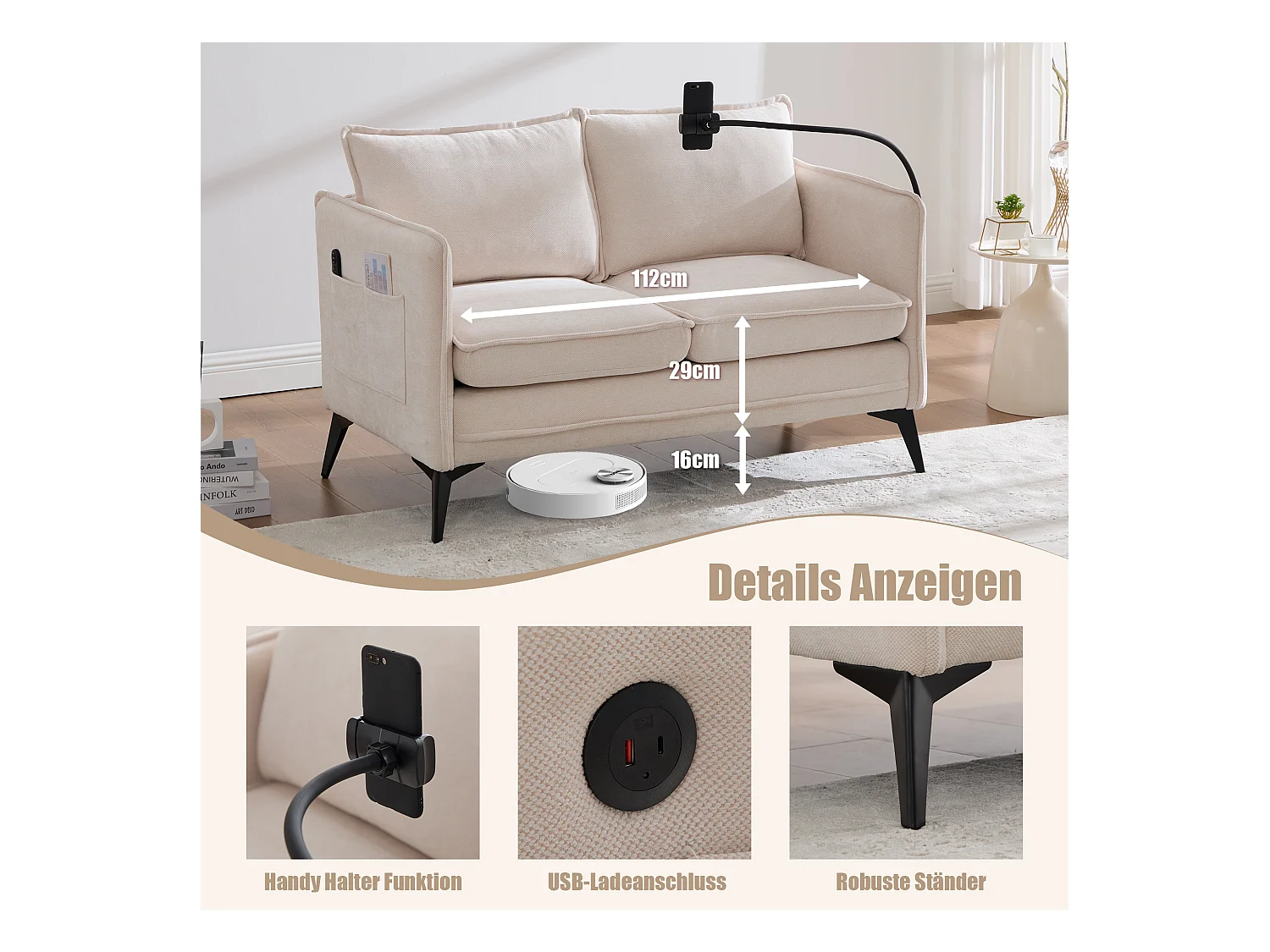 Canapé 2 places en tissu chenille beige – support téléphone – port USB et poches latérales  – Idéal pour salon, bureau ou chambre