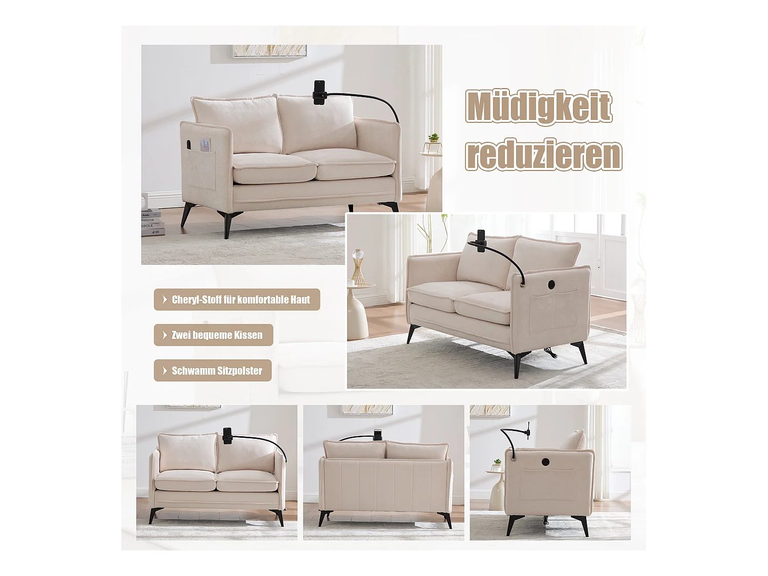 Canapé 2 places en tissu chenille beige – support téléphone – port USB et poches latérales  – Idéal pour salon, bureau ou chambre