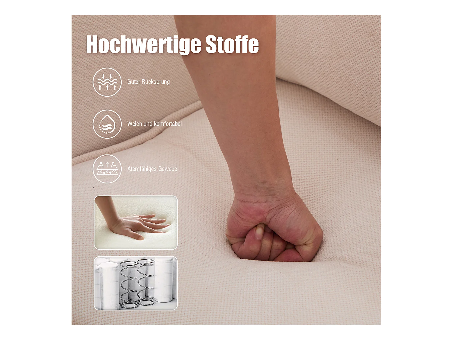 Canapé 2 places en tissu chenille beige – support téléphone – port USB et poches latérales  – Idéal pour salon, bureau ou chambre