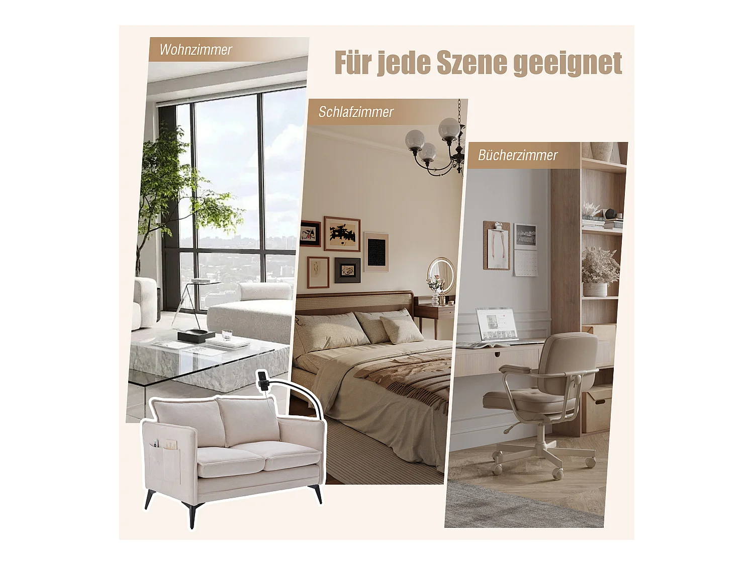 Canapé 2 places en tissu chenille beige – support téléphone – port USB et poches latérales  – Idéal pour salon, bureau ou chambre