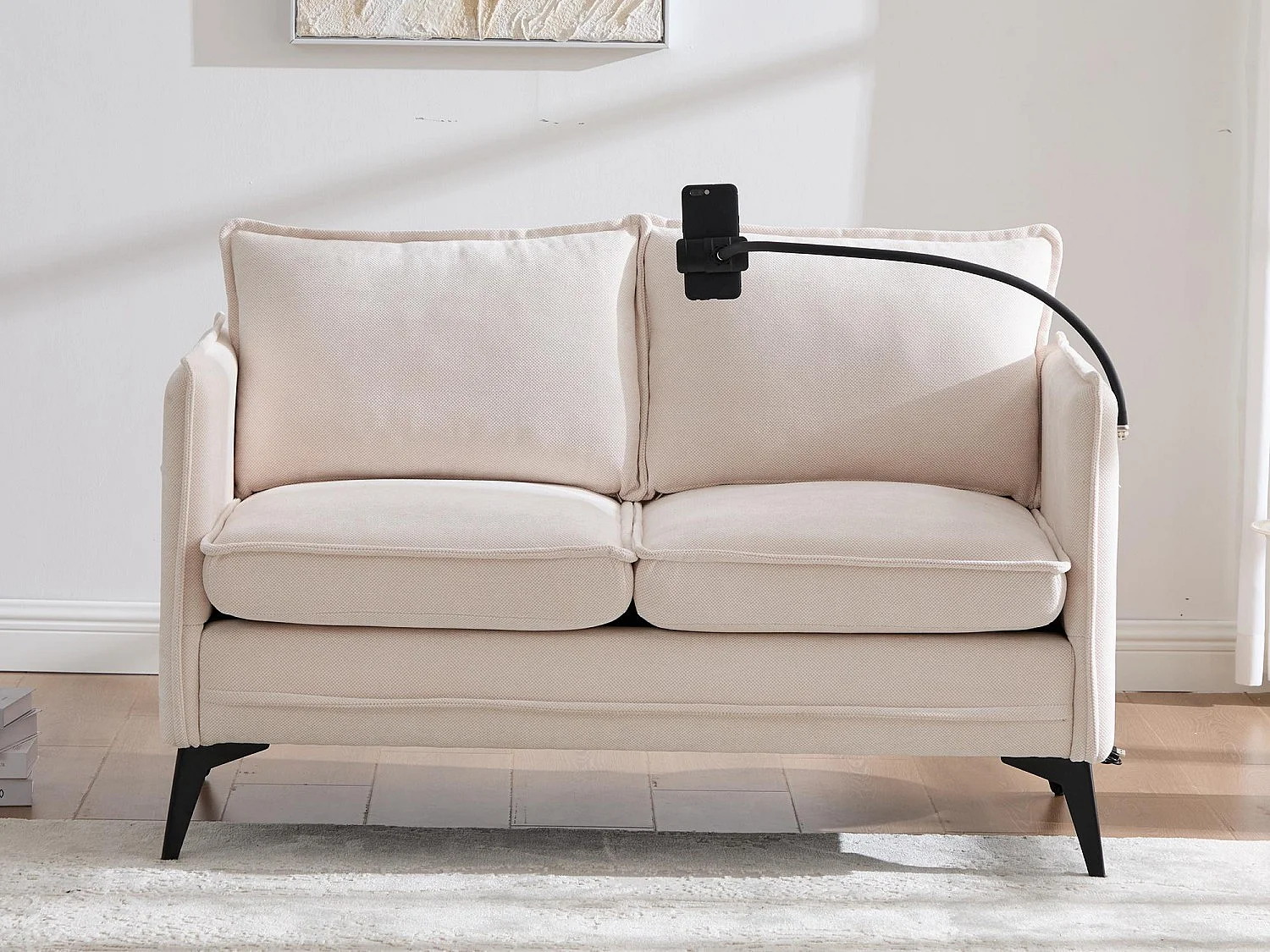 Canapé 2 places en tissu chenille beige – support téléphone – port USB et poches latérales  – Idéal pour salon, bureau ou chambre