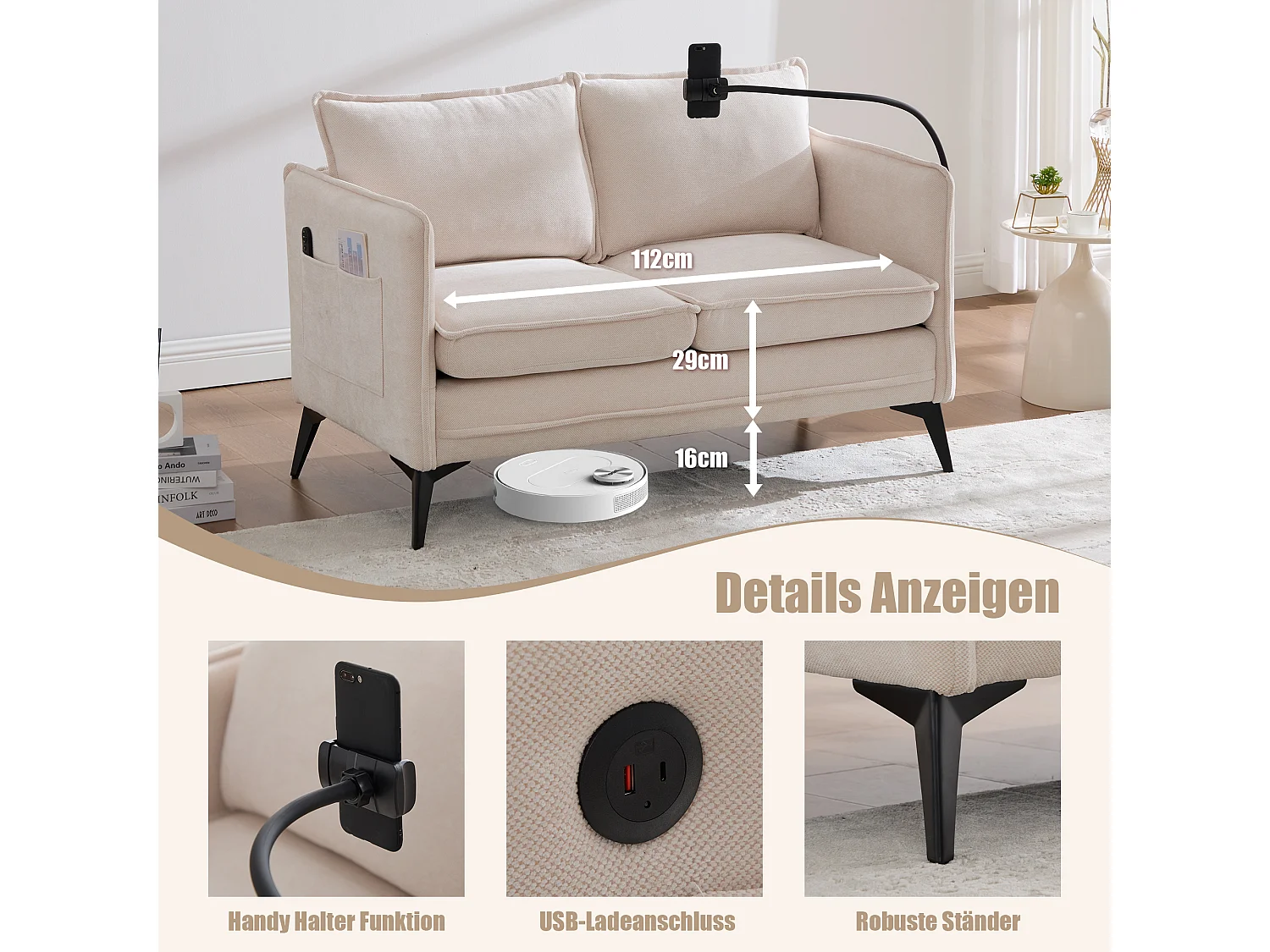 Canapé 2 places en tissu chenille beige – support téléphone – port USB et poches latérales  – Idéal pour salon, bureau ou chambre
