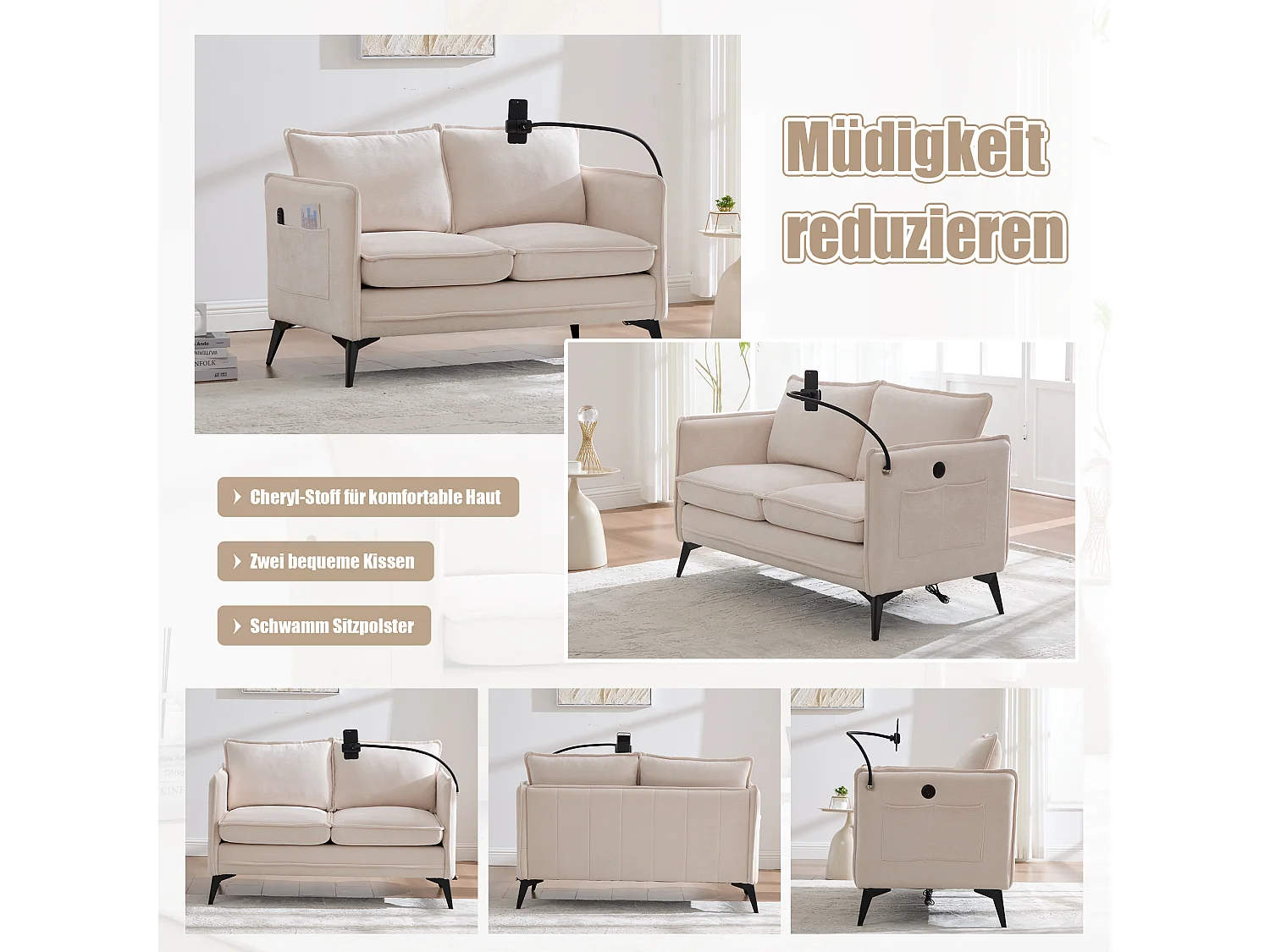 Canapé 2 places en tissu chenille beige – support téléphone – port USB et poches latérales  – Idéal pour salon, bureau ou chambre