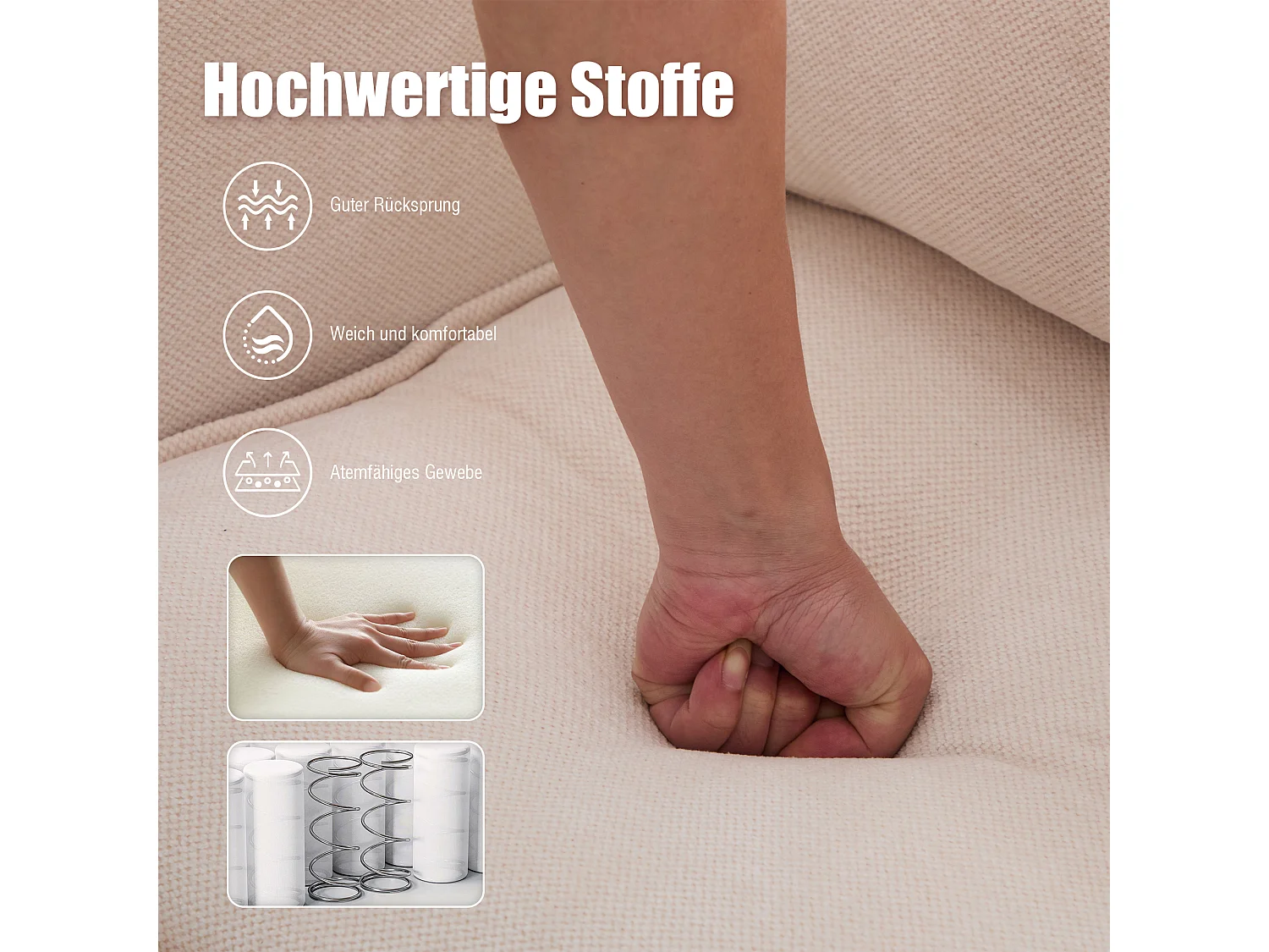 Canapé 2 places en tissu chenille beige – support téléphone – port USB et poches latérales  – Idéal pour salon, bureau ou chambre