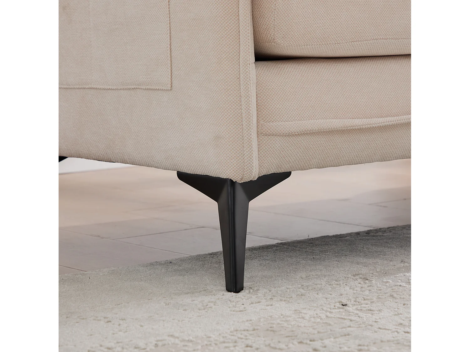 Canapé 2 places en tissu chenille beige – support téléphone – port USB et poches latérales  – Idéal pour salon, bureau ou chambre