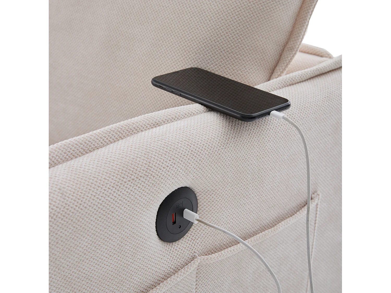 Canapé 2 places en tissu chenille beige – support téléphone – port USB et poches latérales  – Idéal pour salon, bureau ou chambre