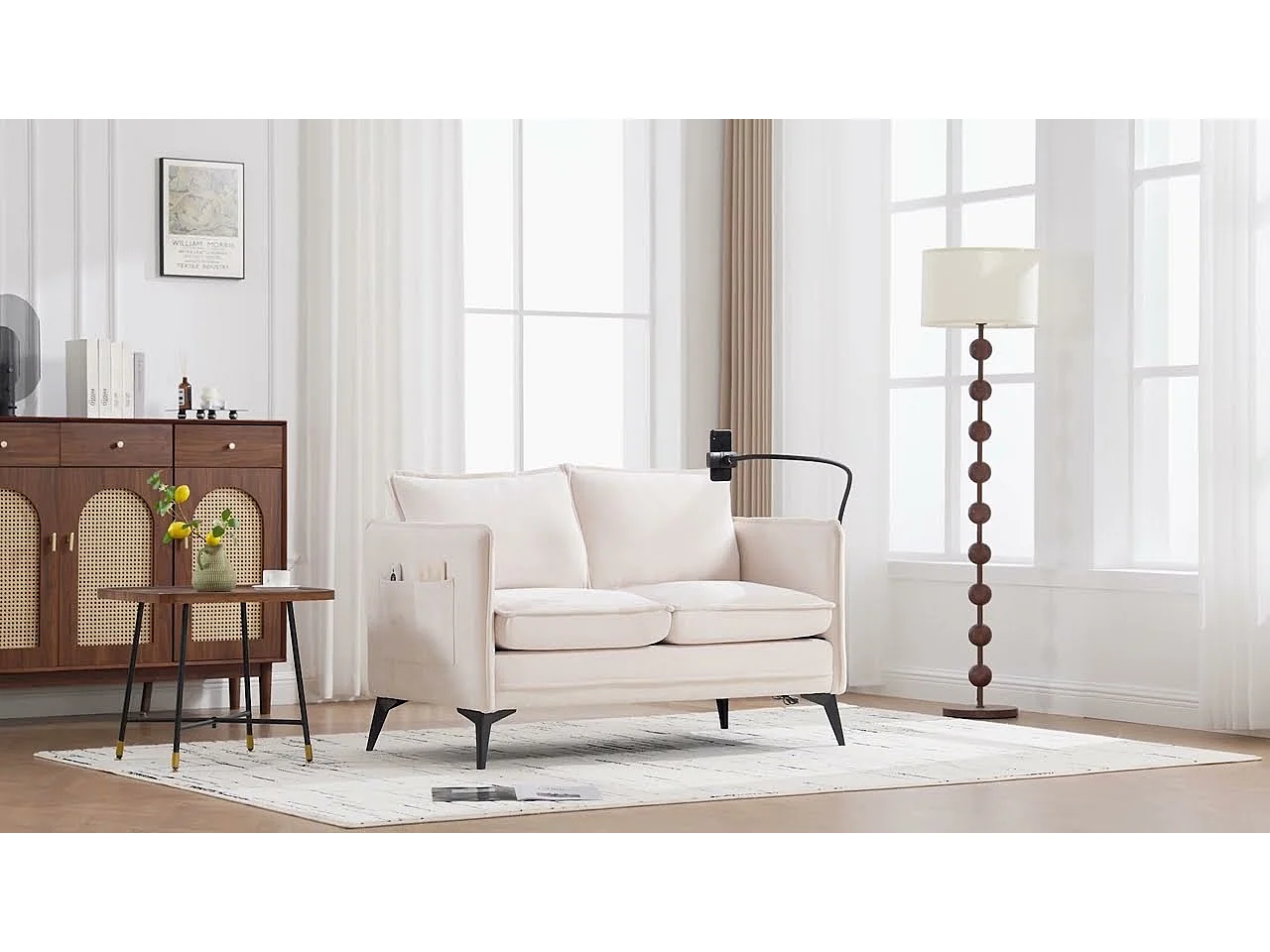 Canapé 2 places en tissu chenille beige – support téléphone – port USB et poches latérales  – Idéal pour salon, bureau ou chambre