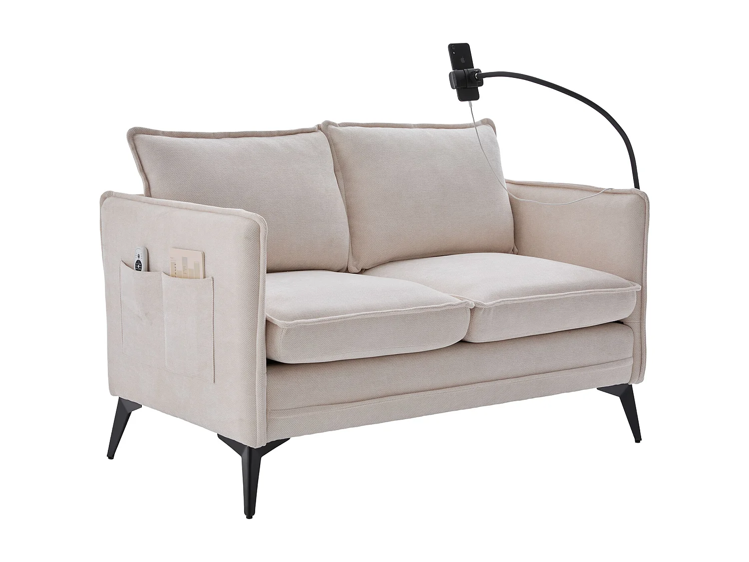 Canapé 2 places en tissu chenille beige – support téléphone – port USB et poches latérales  – Idéal pour salon, bureau ou chambre