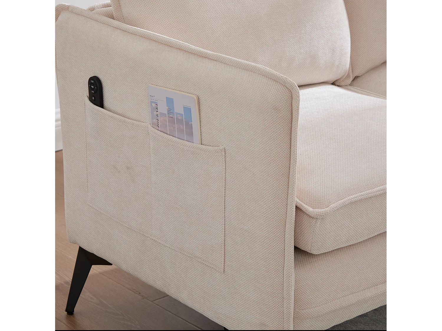 Canapé 2 places en tissu chenille beige – support téléphone – port USB et poches latérales  – Idéal pour salon, bureau ou chambre