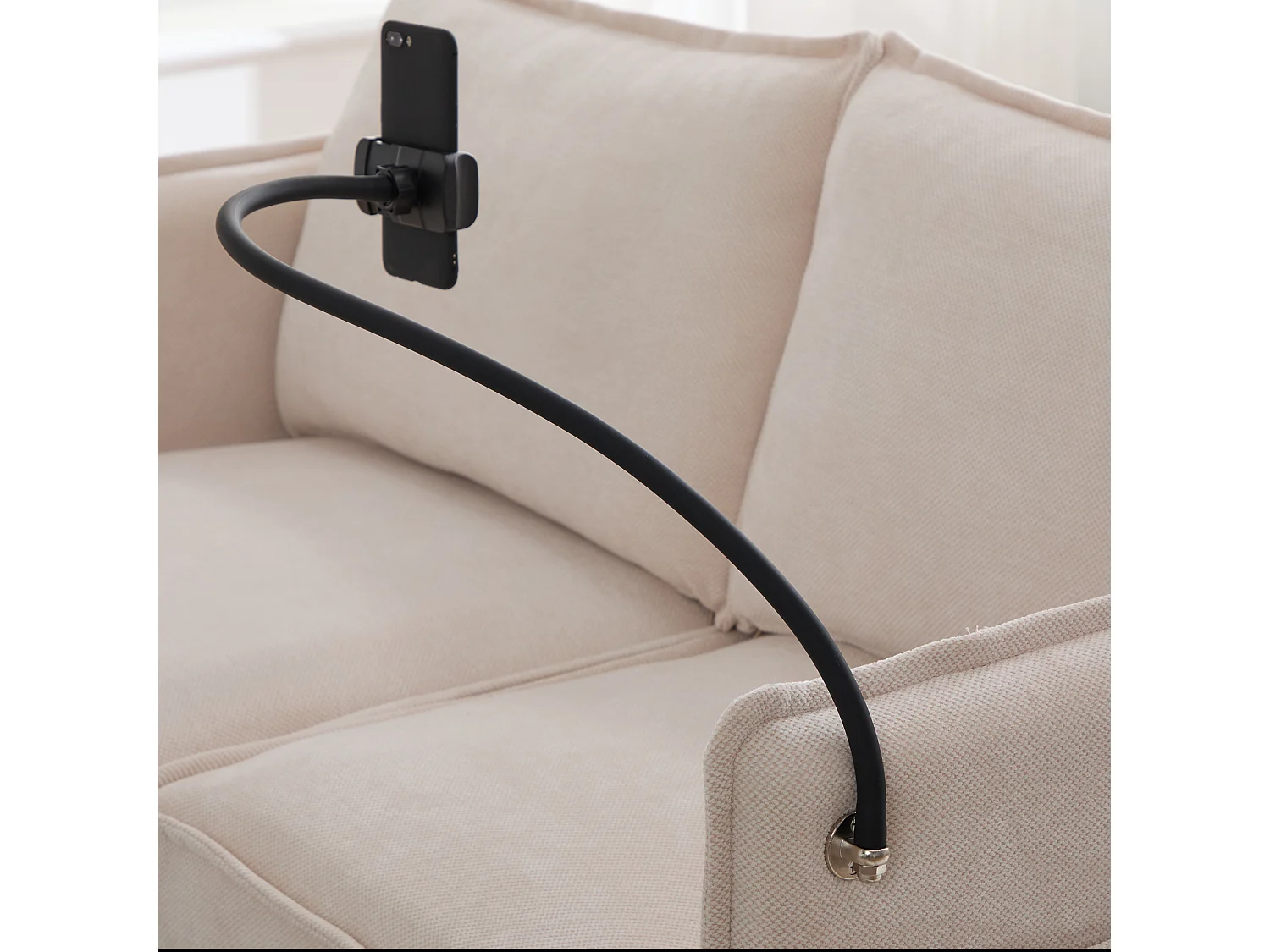 Canapé 2 places en tissu chenille beige – support téléphone – port USB et poches latérales  – Idéal pour salon, bureau ou chambre