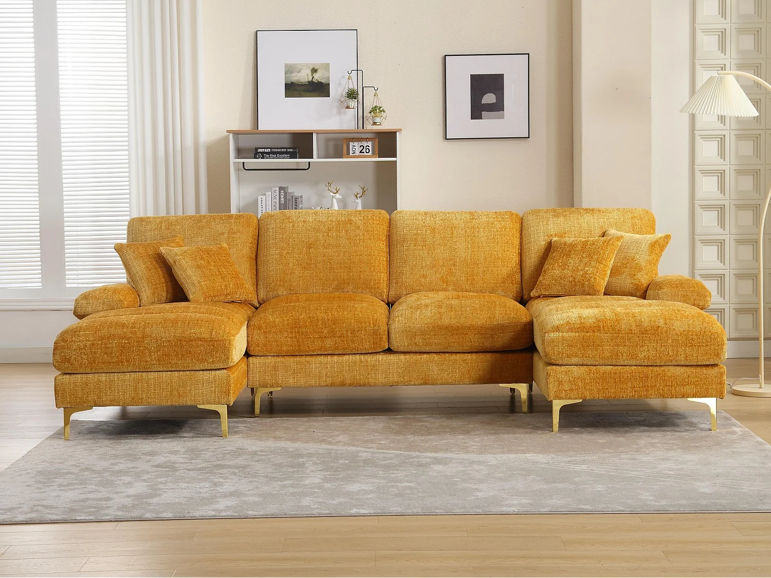 Canapé 4 Places Panoramique en Chenille Jaune à Double Couche (272x136x88 cm) - Pieds Dorés pour un Confort Exceptionnel