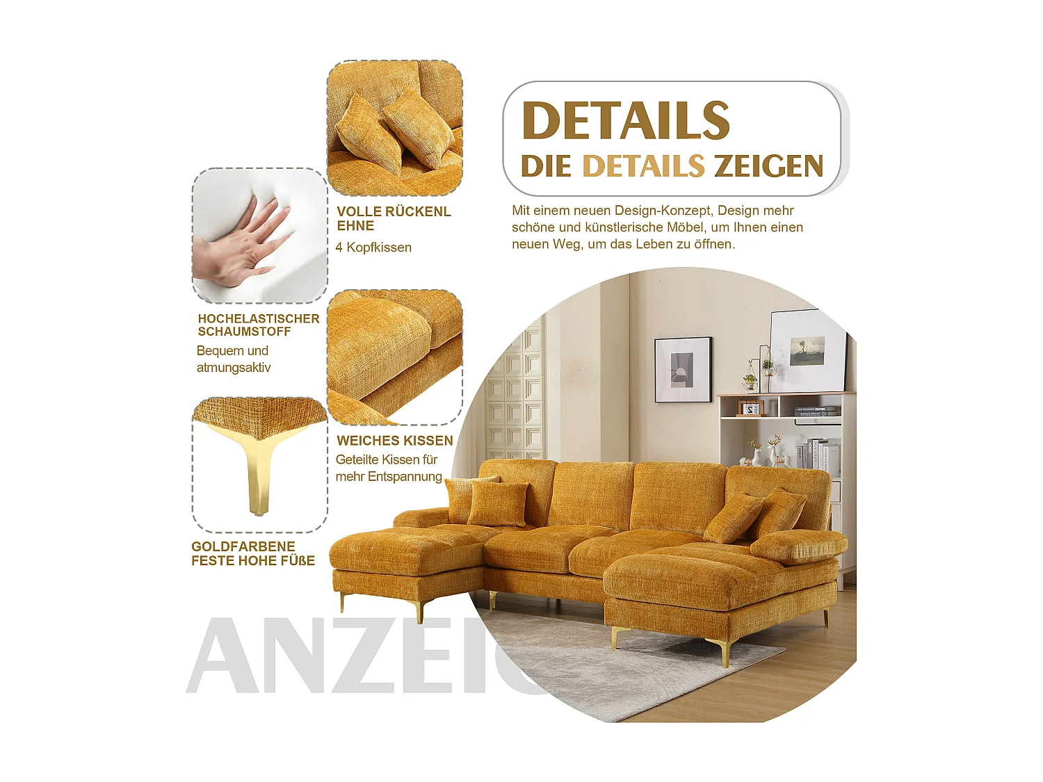 Canapé 4 Places Panoramique en Chenille Jaune à Double Couche (272x136x88 cm) - Pieds Dorés pour un Confort Exceptionnel