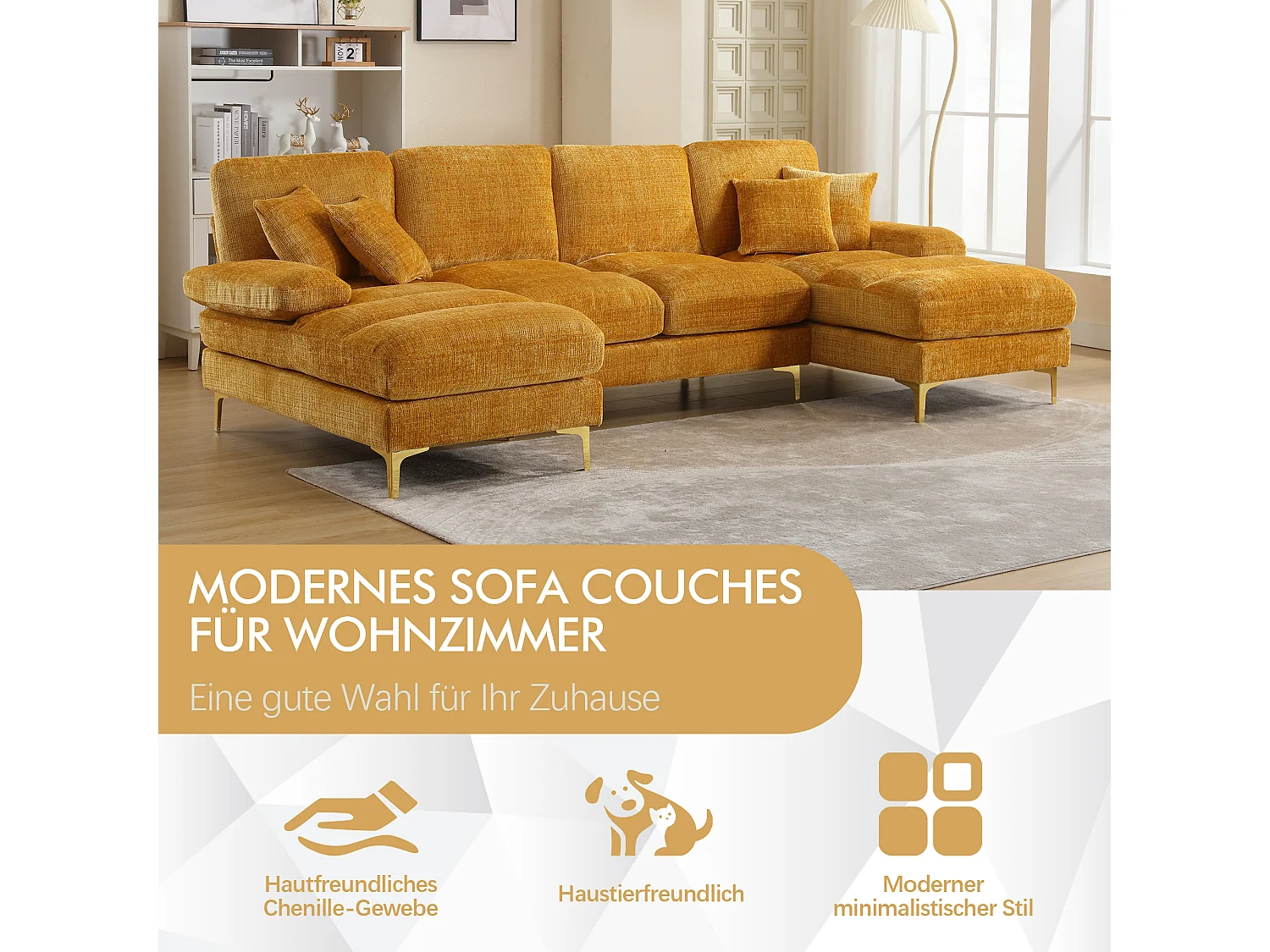 Canapé 4 Places Panoramique en Chenille Jaune à Double Couche (272x136x88 cm) - Pieds Dorés pour un Confort Exceptionnel