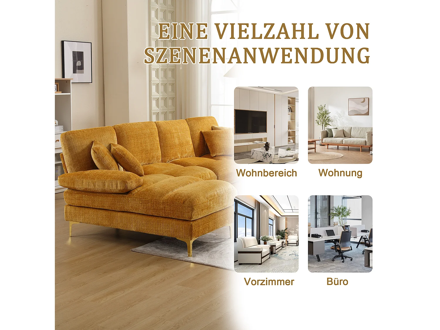 Canapé 4 Places Panoramique en Chenille Jaune à Double Couche (272x136x88 cm) - Pieds Dorés pour un Confort Exceptionnel