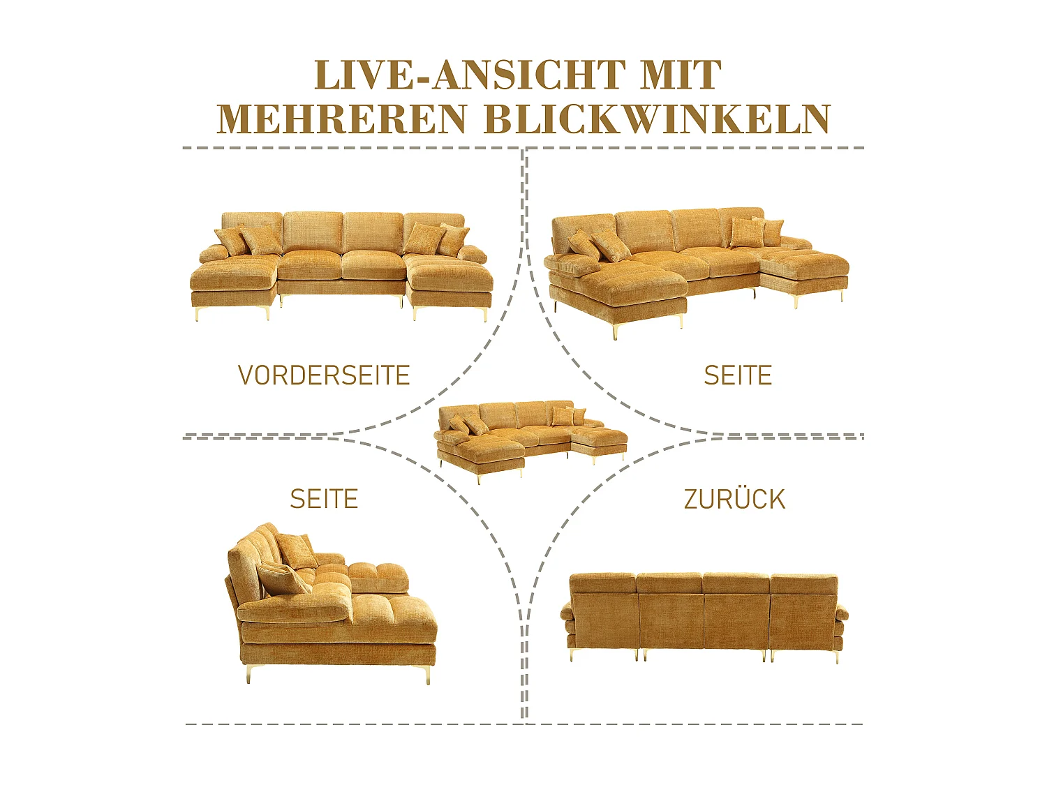 Canapé 4 Places Panoramique en Chenille Jaune à Double Couche (272x136x88 cm) - Pieds Dorés pour un Confort Exceptionnel