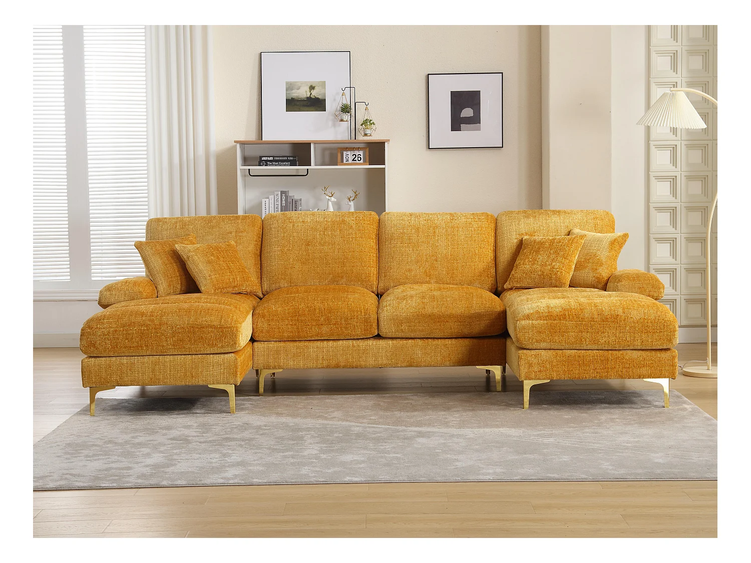 Canapé 4 Places Panoramique en Chenille Jaune à Double Couche (272x136x88 cm) - Pieds Dorés pour un Confort Exceptionnel