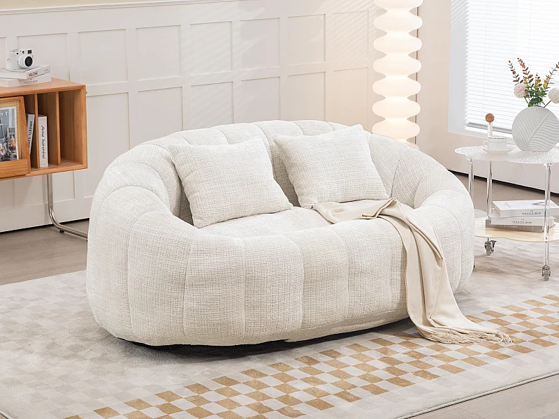 Canapé pouf 2 places beige en chenille – avec deux coussins confortables - fauteuil pouf haut dossier – ultra durable et confortable