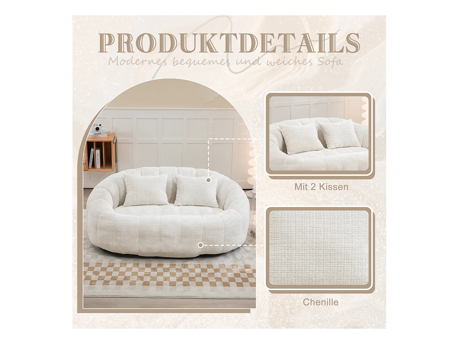Canapé pouf 2 places beige en chenille – avec deux coussins confortables - fauteuil pouf haut dossier – ultra durable et confortable