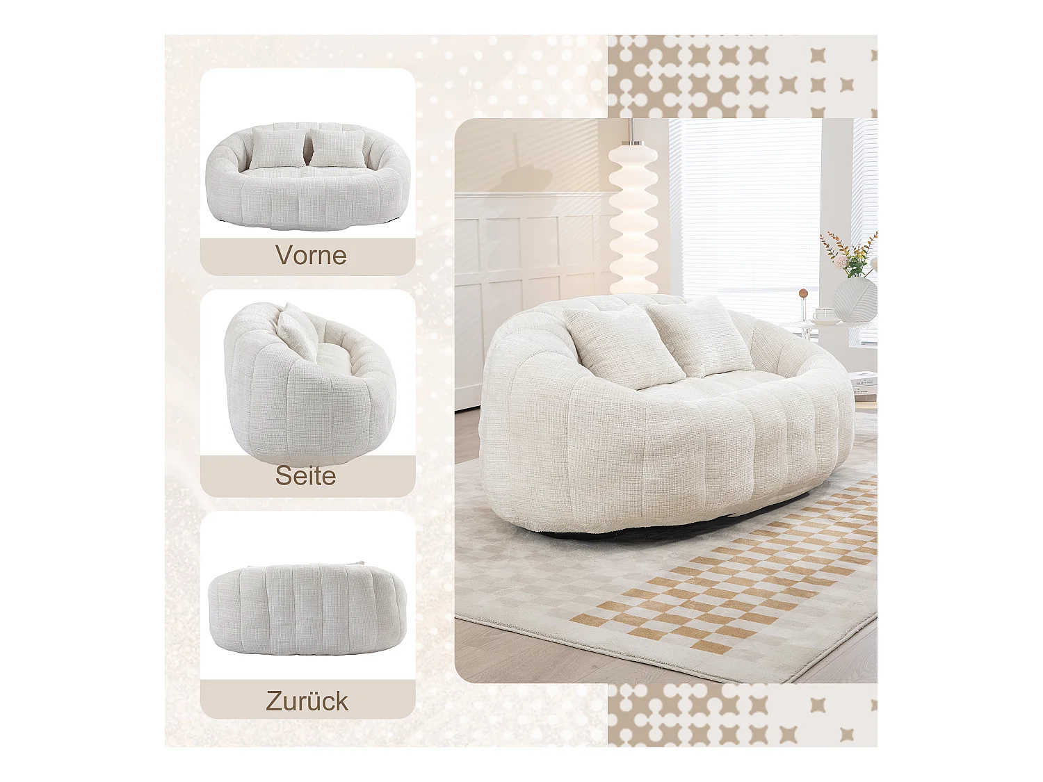 Canapé pouf 2 places beige en chenille – avec deux coussins confortables - fauteuil pouf haut dossier – ultra durable et confortable