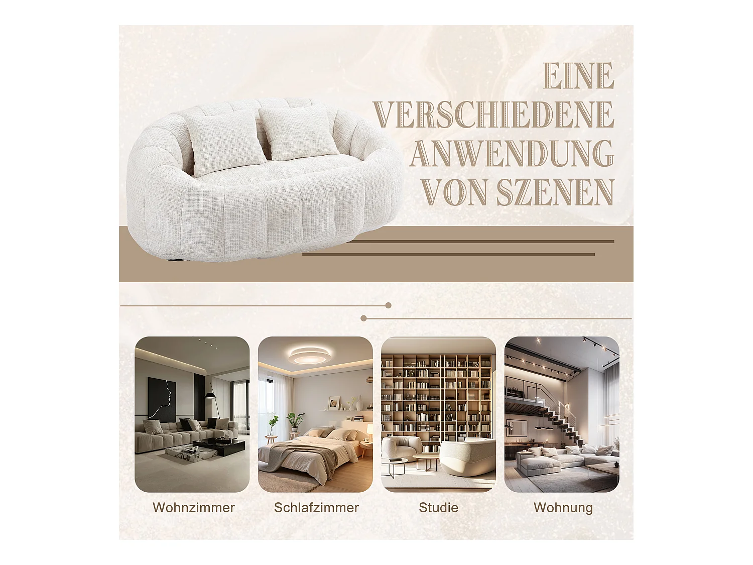 Canapé pouf 2 places beige en chenille – avec deux coussins confortables - fauteuil pouf haut dossier – ultra durable et confortable