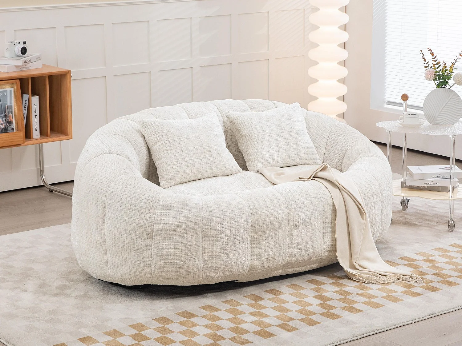 Canapé pouf 2 places beige en chenille – avec deux coussins confortables - fauteuil pouf haut dossier – ultra durable et confortable