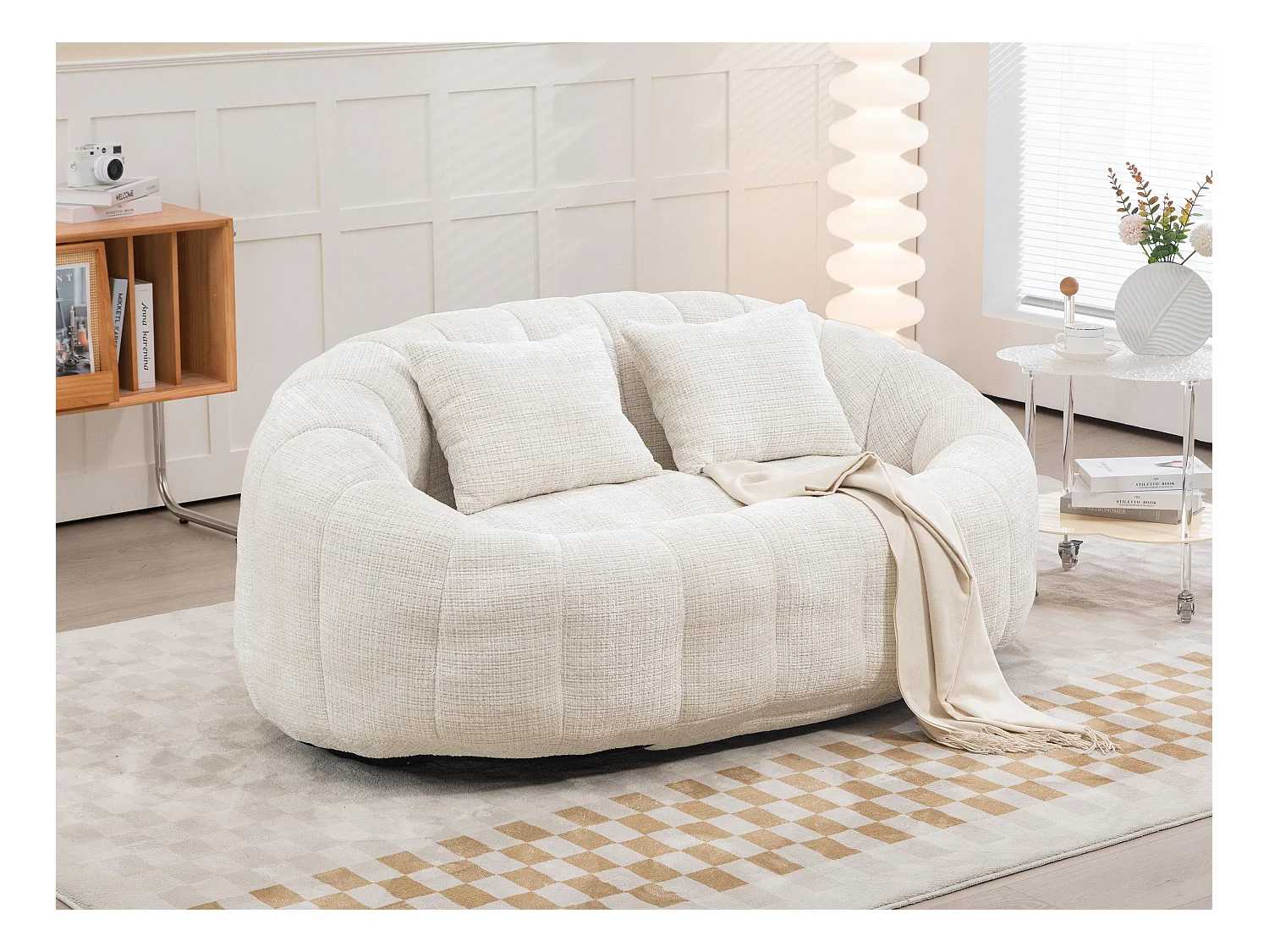 Canapé pouf 2 places beige en chenille – avec deux coussins confortables - fauteuil pouf haut dossier – ultra durable et confortable