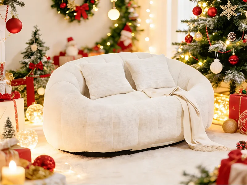 Canapé pouf 2 places beige en chenille – avec deux coussins confortables - fauteuil pouf haut dossier – ultra durable et confortable
