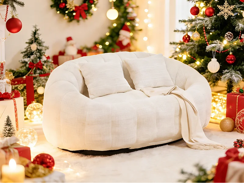 Canapé pouf 2 places beige en chenille – avec deux coussins confortables - fauteuil pouf haut dossier – ultra durable et confortable