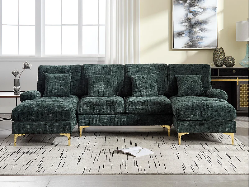 Modulaire U-vormige loungebank (272x136x88 cm) - 6 plaatsen in chenille - Omvormbaar tot bed - Relax-opstelling