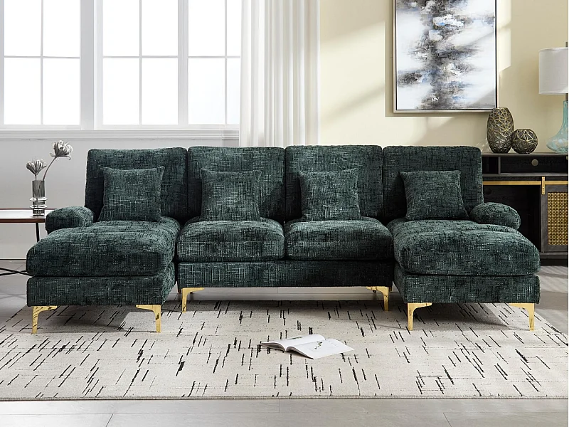 Modulaire U-vormige loungebank (272x136x88 cm) - 6 plaatsen in chenille - Omvormbaar tot bed - Relax-opstelling