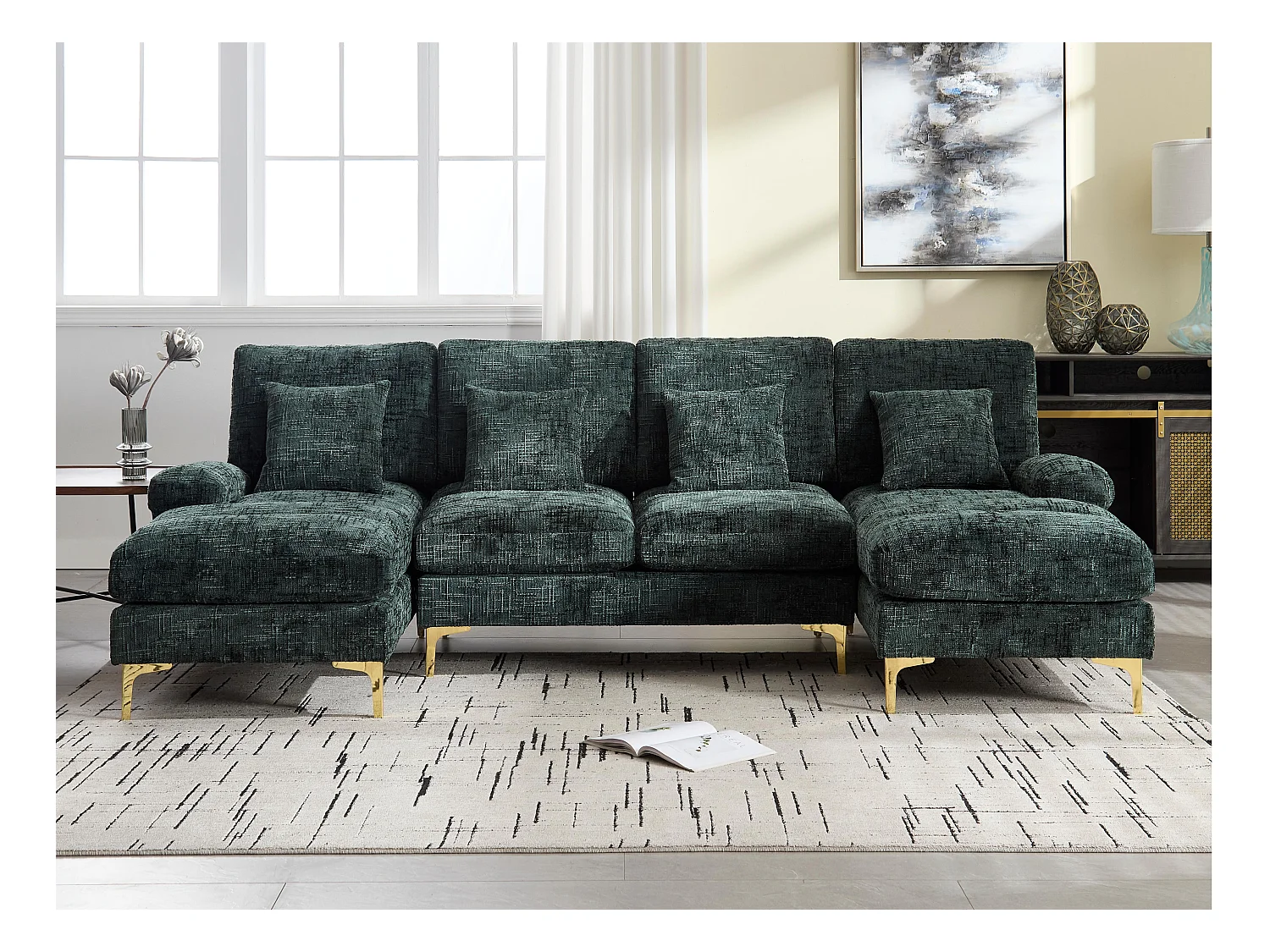 Canapé 4 Places Panoramique en Chenille Vert à Double Couche (272x136x88 cm) - Pieds Dorés pour un Confort Exceptionnel