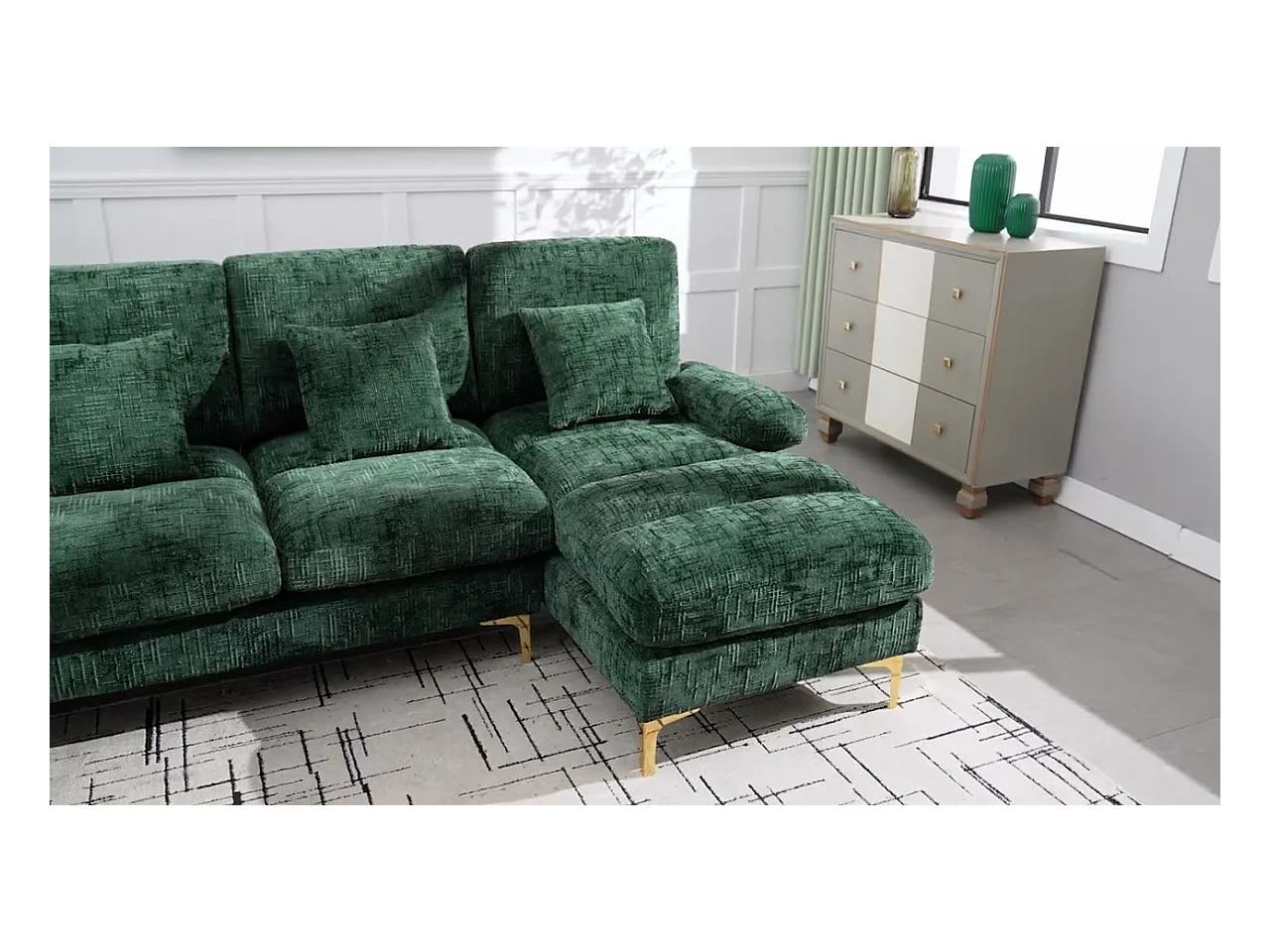 Canapé 4 Places Panoramique en Chenille Vert à Double Couche (272x136x88 cm) - Pieds Dorés pour un Confort Exceptionnel