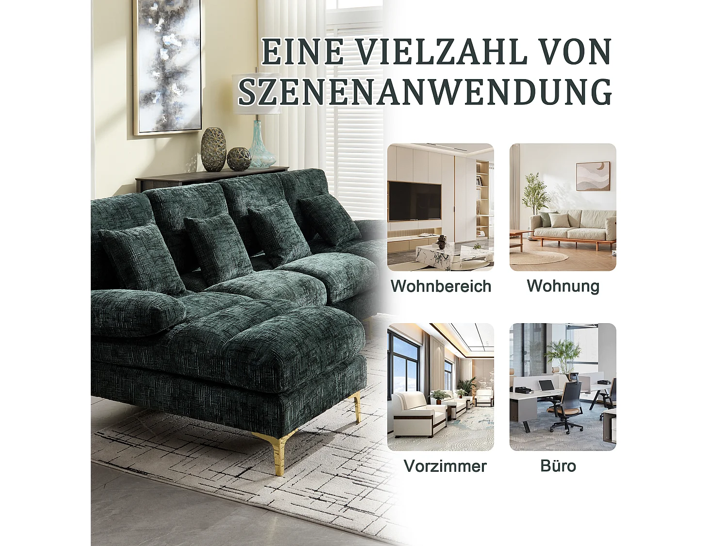 Canapé 4 Places Panoramique en Chenille Vert à Double Couche (272x136x88 cm) - Pieds Dorés pour un Confort Exceptionnel