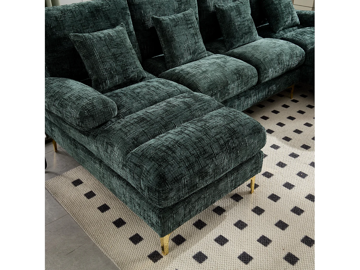 Canapé 4 Places Panoramique en Chenille Vert à Double Couche (272x136x88 cm) - Pieds Dorés pour un Confort Exceptionnel