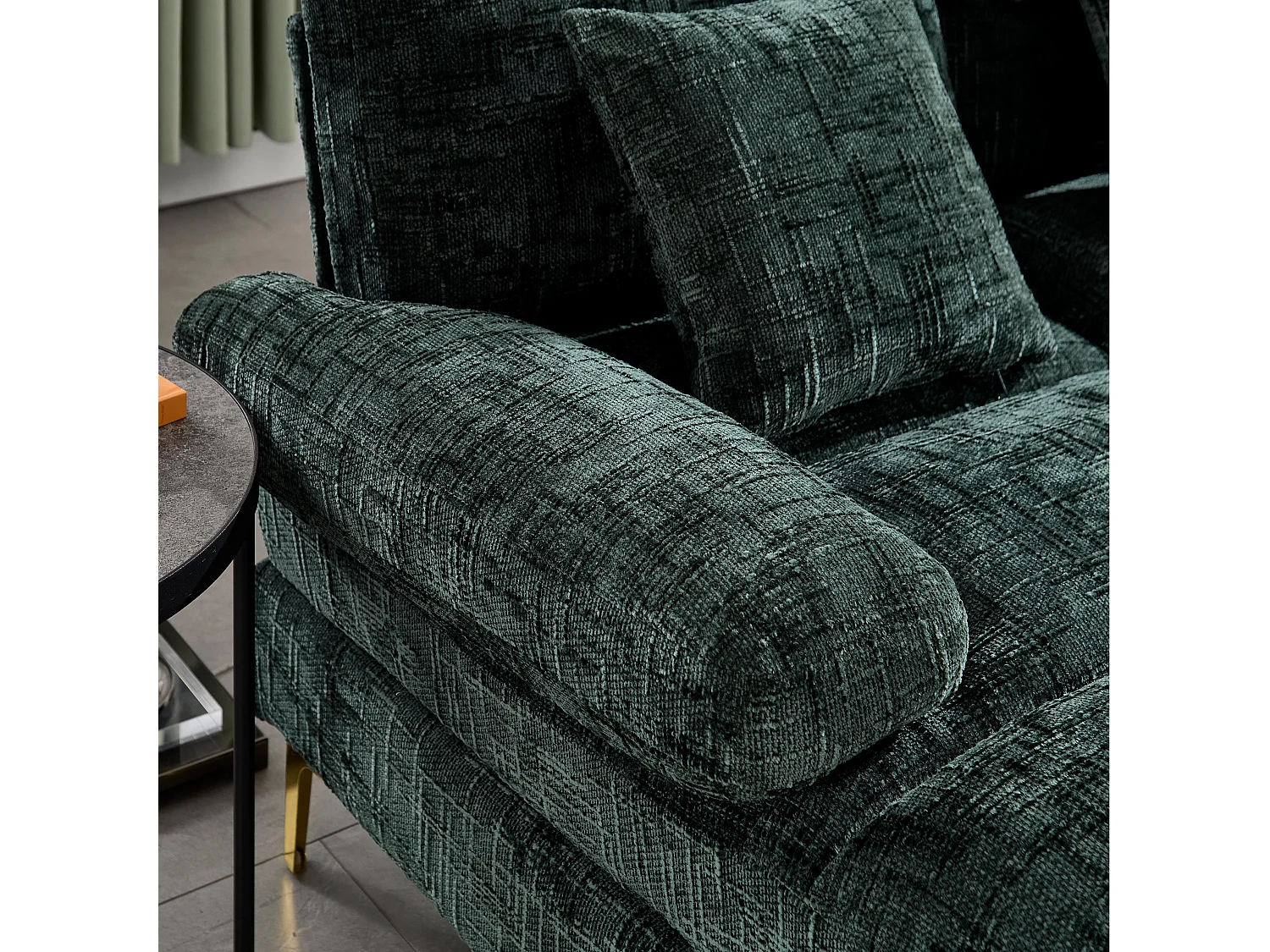 Canapé 4 Places Panoramique en Chenille Vert à Double Couche (272x136x88 cm) - Pieds Dorés pour un Confort Exceptionnel