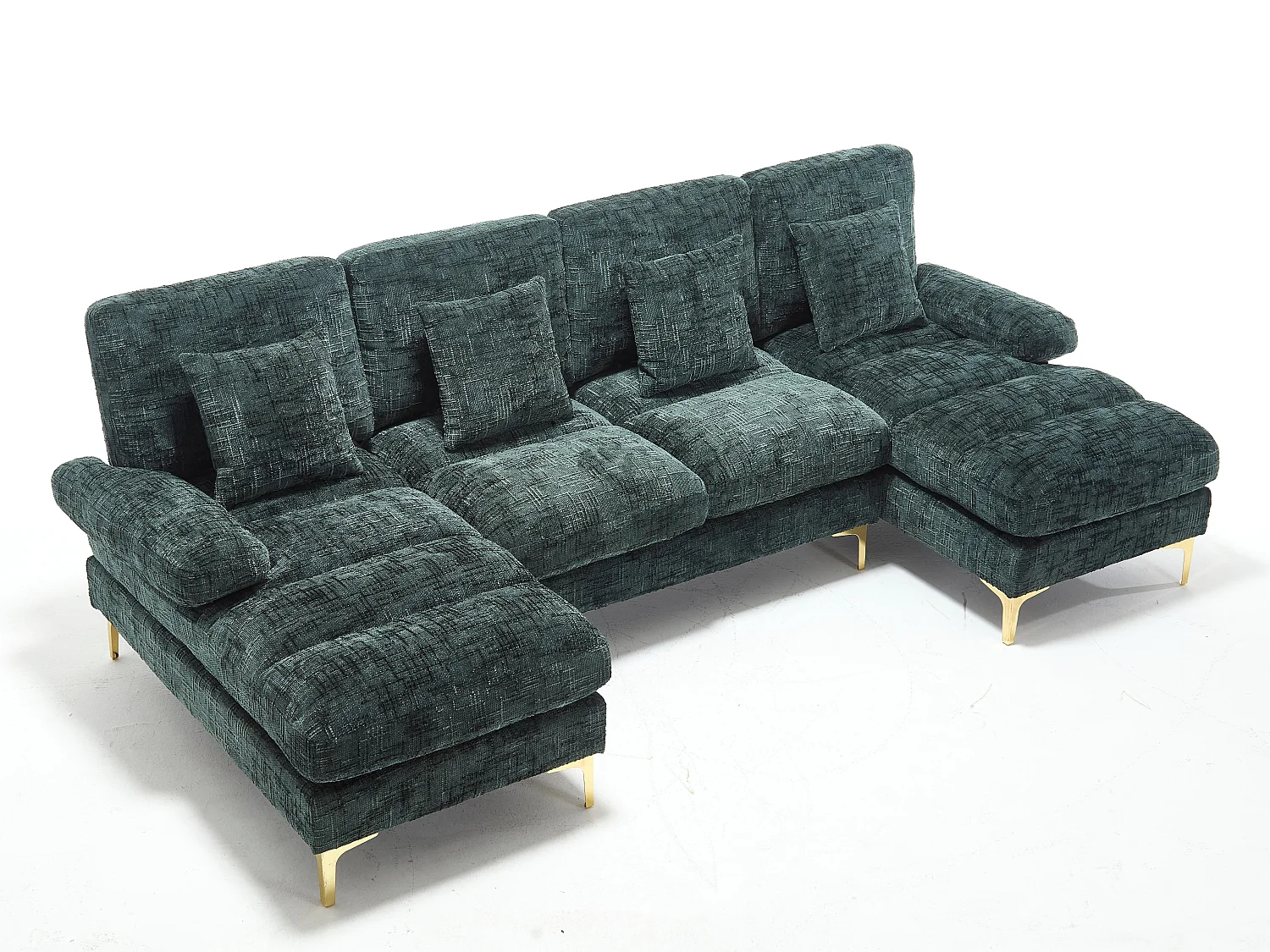Canapé 4 Places Panoramique en Chenille Vert à Double Couche (272x136x88 cm) - Pieds Dorés pour un Confort Exceptionnel