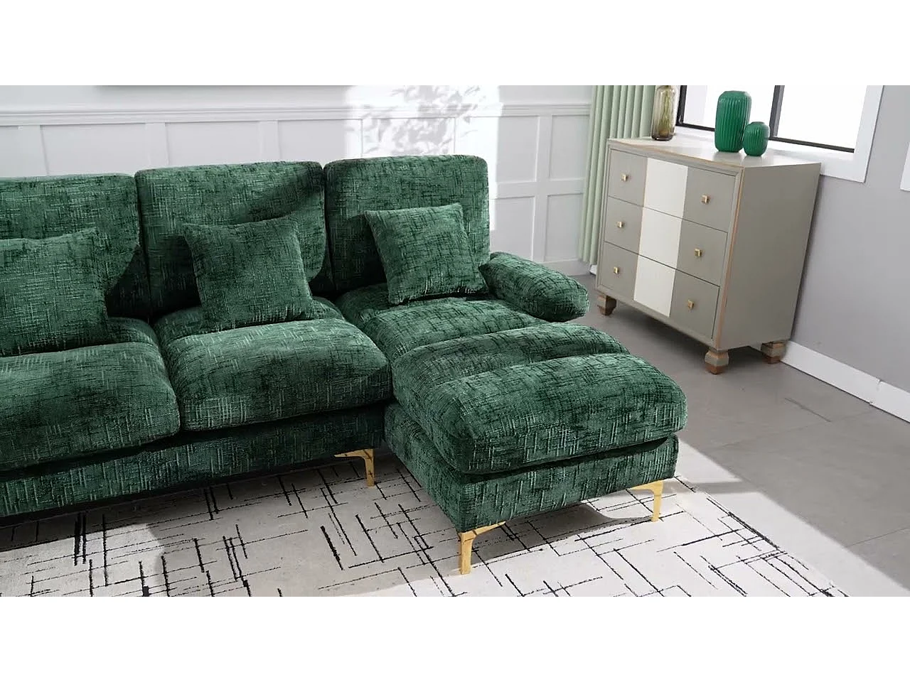 Canapé 4 Places Panoramique en Chenille Vert à Double Couche (272x136x88 cm) - Pieds Dorés pour un Confort Exceptionnel