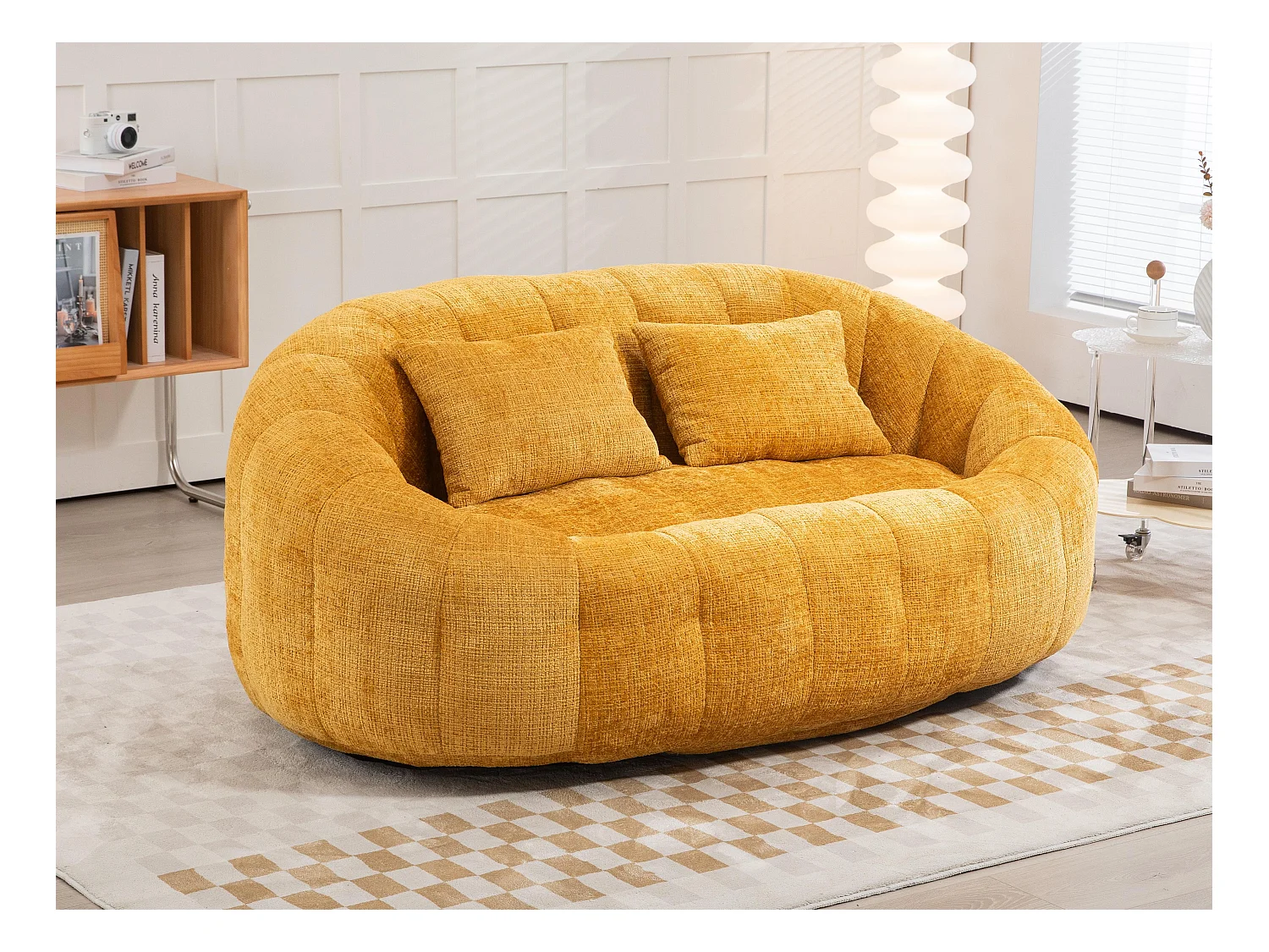 Canapé pouf 2 places jaune en chenille – avec deux coussins confortables - fauteuil pouf haut dossier – ultra durable et confortable