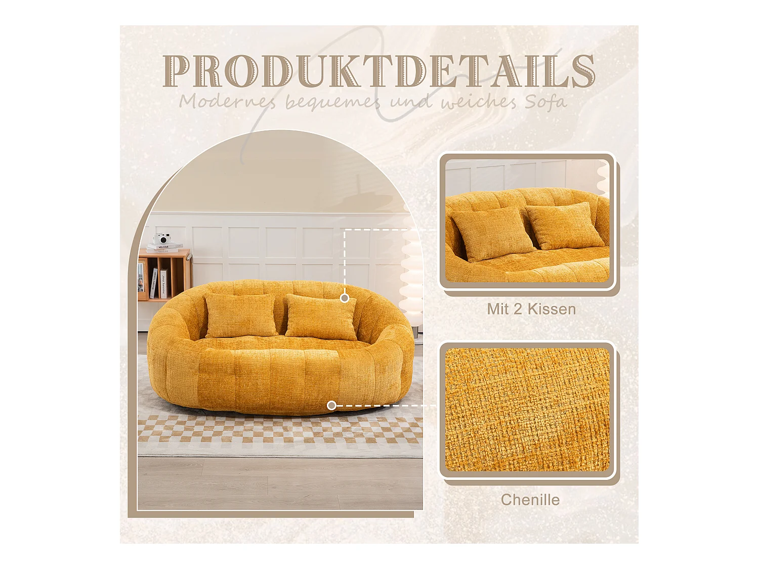 Canapé pouf 2 places jaune en chenille – avec deux coussins confortables - fauteuil pouf haut dossier – ultra durable et confortable